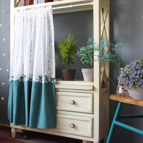 Pastoral Style Kitchen Curtain White Tulle and Blue Cloth Spliced Curtains for Kitchen Window Curtain Valance for Living Room