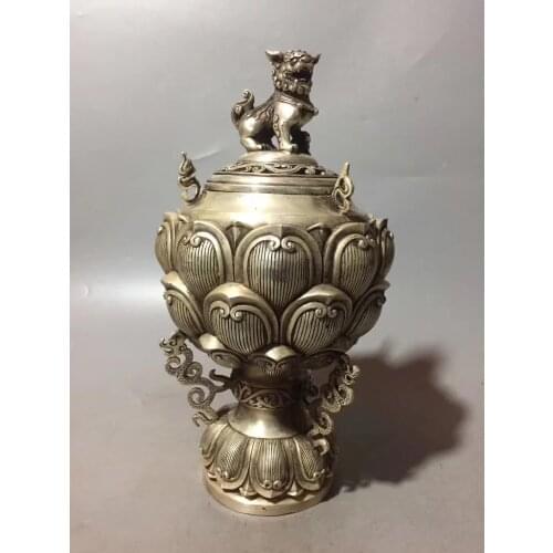 Tibetan Silver Handmade Carved Lion Animal Statue Incense Burner Lotus Censer Exorcise Evil Spirits Home Decoration
