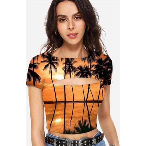 Somepet Hawaii T-shirt Women Coconut Tree Hollow Out T shirts Harajuku Tshirts Casual Party Tshirt Printed Short Sleeve