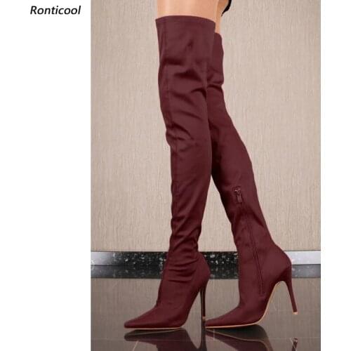 Ronticool New Women Spring Thigh Boots Satin Zipper Stiletto Heels Pointed Toe Adorable 10 Colors Party Shoes Women Us Size 5-15