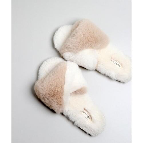 Spring and Autumn Comfortable Fur Integrated Cross Wool Anti Slip Indoor Home Womens Slippers
