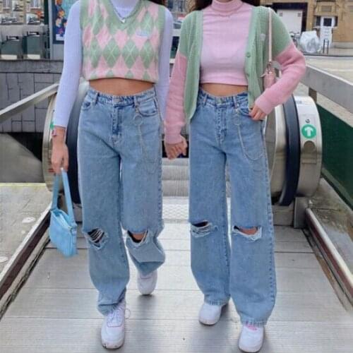 2021 New Women Wide Leg Jeans, High Waist Solid Color Loose Ripped Denim Pants with Metal Chain Fashion All-match