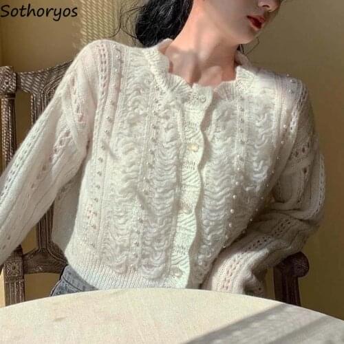 Women Designer Cardigan Hollow Out Beading Gentle Sweet Girls Temperament Crop Top Sun-proof Females Sweaters Trendy Teenagers