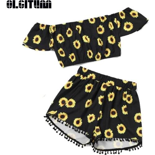 New 2020 Summer Female Sunflower Print One Shoulder Short Jacket Floral Slash Neck Tassel Shorts Women Suit WS127