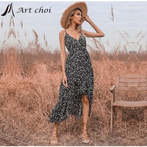 Summer Sexy Long Chiffon Spaghetti Strap Dress Women Deep V-Neck Sleeveless Irregular Print Vestido A-Line Office Ladies Party