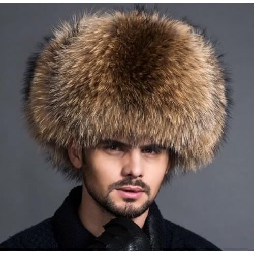 Winter Mens Real Raccoon Fur Hat Warm Bomber Hat Real Leather Ear Warmer Caps Trapper Russian Man Thicken Ski Hats