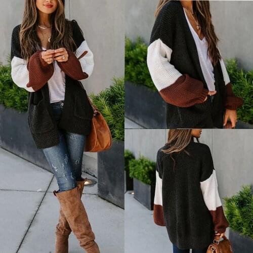 1pc Sweater Tops Stitching Personality Fashion Knitted Jacket Mid-length Casual Sweater Women Ladies Coat Tops Chandail c50