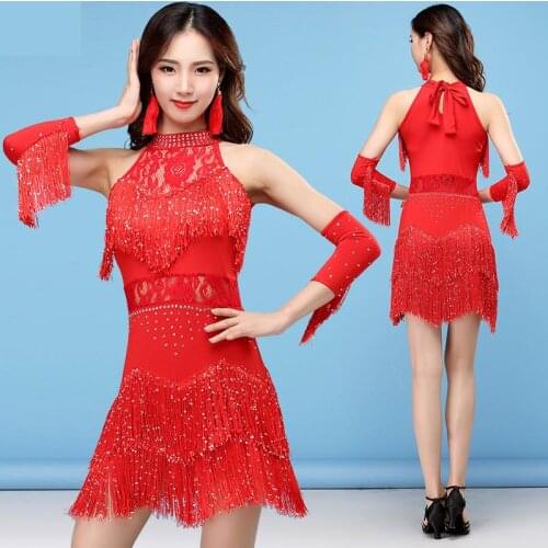 2020 New Fashion Sexy Women Dance Wear Ballroom Dress Samba Costume Party Dresses Sheer Mesh Stretchy Fringes Latin Dress M/L/XL