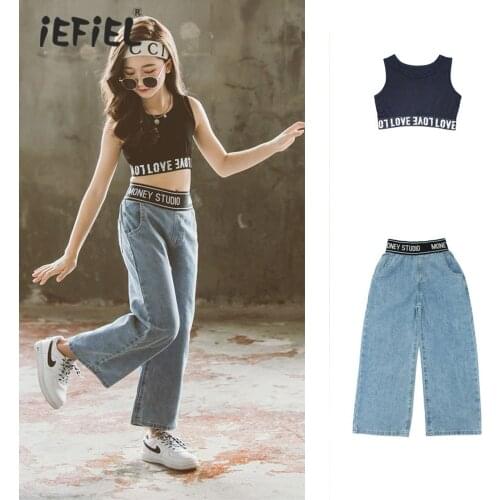 2021 New Summer Girls Clothing Sets Casual Black Vest Top Jeans Pants 2Pcs Kids Child Clothes Suits Teenage Fashion Streewear