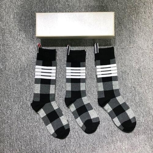 2021 Fashion TB Brand Socks Men Women Cotton Striped Plaid Casual Crew Socks Hip Hop Medium socks Ins 3 Pairs