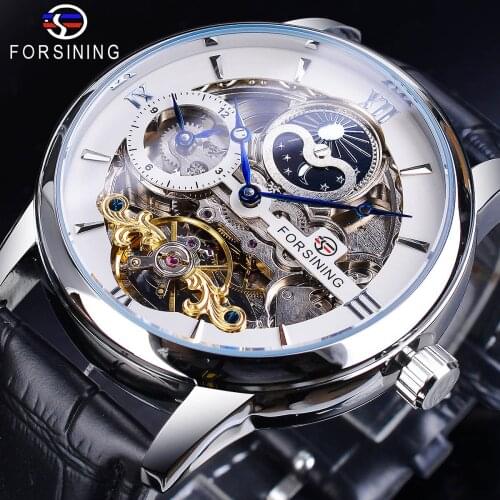 Forsining Dual Time Zone White Dial Skeleton Tourbillon Moon Phase Watch Genuine Leather Waterproof Automatic Mechanical Watch