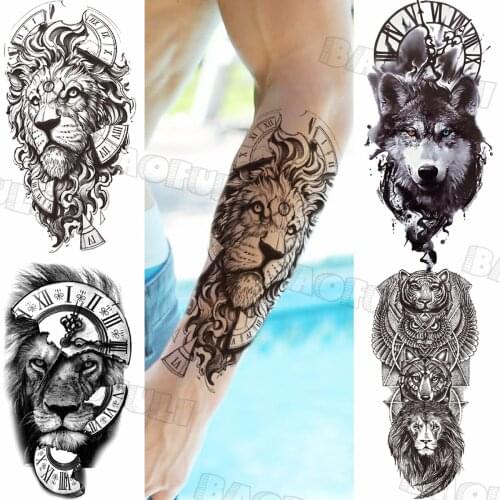 Black Tribal Lion Totem Temporary Tattoos For Women Adult Wolf Tiger Compass Fake Tattoo Sticker 3D Animal Half Sleeve Tatoos
