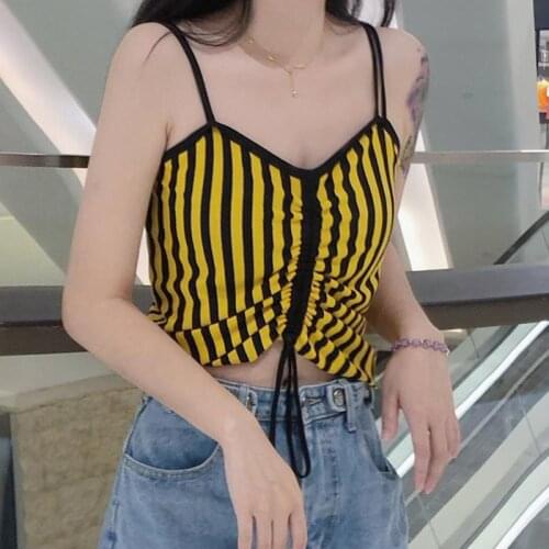 Colorblock Stripe Pleated Thin Knitted Women Camisoles Sweet Summer Drawstring Sleeveless Sling Off Shoulder Tops