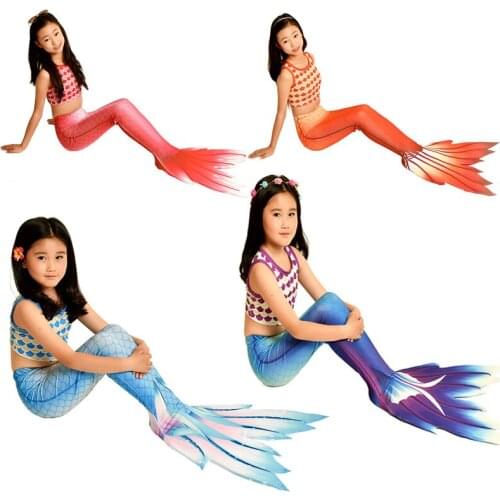 3pcs&4pcs/Set Kids New Mermaid Tail With Black Monofin Vacation Swimmable Costumes Girls Swimsuits Beach Fancy Tails Dress