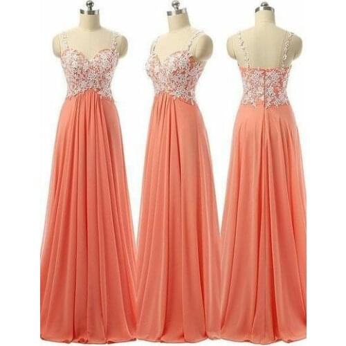Elegant Long Orange V-Neck Lace Evening Dresses with Pockets Floor Length Lace Up Back Chiffon Formal Party Dress for Women