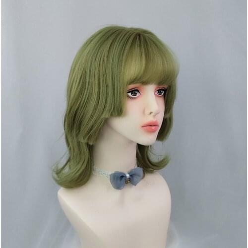 GAKA Medium Length Synthetic Hair Ladies Wavy Mixed Green Cosplay Wig With Bangs For Women