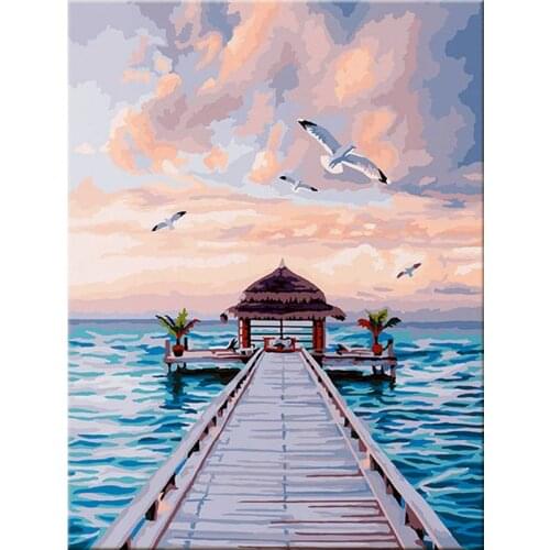Gatyztory Diy Painting By Numbers Seaside Plank Road Canvas Colouring Landscape Wall Decor Handpainted Gift