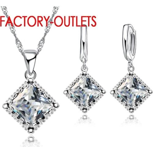 New Fashion Jewelry For Decoration Pendant Necklace Hoop Earrings Set 925 Sterling Silver Square Cubic Zirconia Women Party