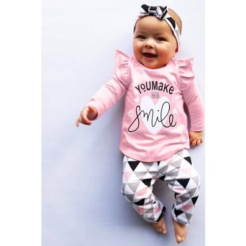 Infant Baby Girl Clothes Set You Make Me Smile Long sleeve T-Shirt+Geometric Pants+Headband 3PCS Baby Clothing Outfits 0-24M