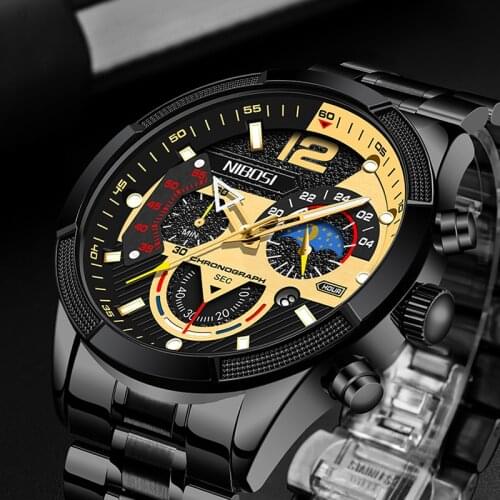NIBOSI Fashion Mens Watches Luxury Stainless Steel Waterproof Quartz Watch With Chronograph Business Dress Men Watch 2021