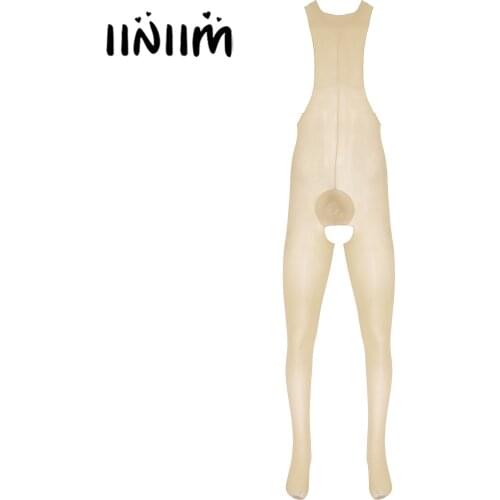 Gay Mens Lingerie Sexy See-through O Neck Bodystocking Glossy Sleeveless Crotchless Erotic Sexy Open Penis Pouch Tights Bodysuit