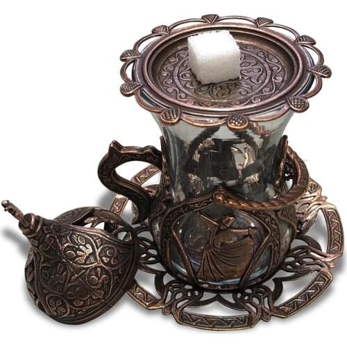 6 Person 30-Piece Tea Glass Set Copper Handmade Whirling Dervish Figured Set in Gift Box Made in Turkey