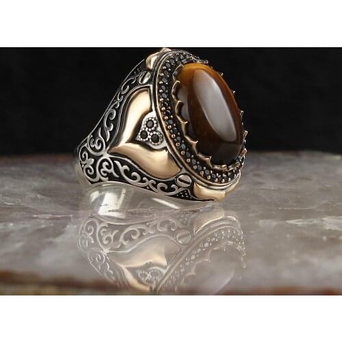 Real Sterling Silver Ring with Natural Tiger Eye or Agate or Zircon Stone, Silver Women Ring Silver Men Ring Gifts for Men