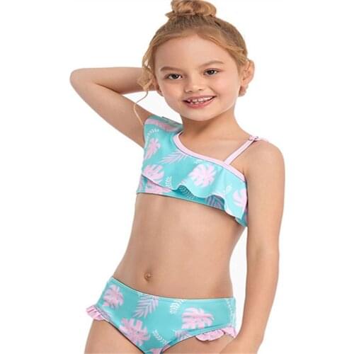 Little Girls Split Swimsuit Two Piece Set Summer Children Cute Floral Printing Breathable Flouncing Sloping Shoulder Swimwear