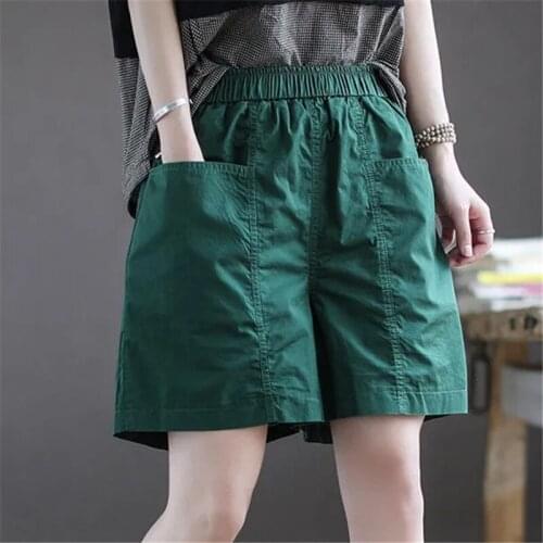 Summer 2021 New Cotton Elastic Waist Shorts Womens Loose Thin Wide Leg Pants High Waist Black Big Pocket Sports Pants Female