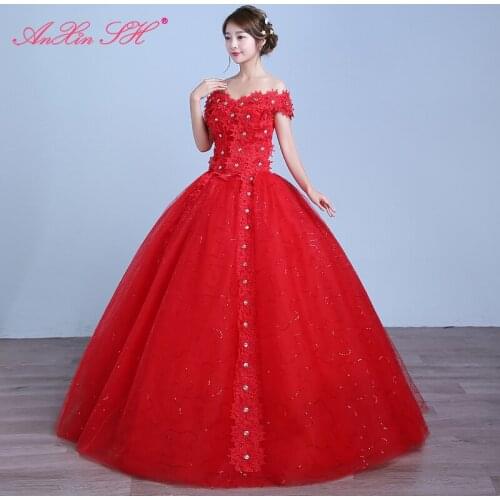 AnXin SH Red flower lace wedding dress vintage boat neck little flower beading turkey ball gown white lace wedding dress