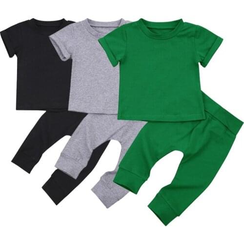 Wallarenear 1-4Years Toddler Baby Girl Boy Cuasal 2Pcs Summer Spring Clothing Set Short Sleeve Solid Cotton Top Long Pant
