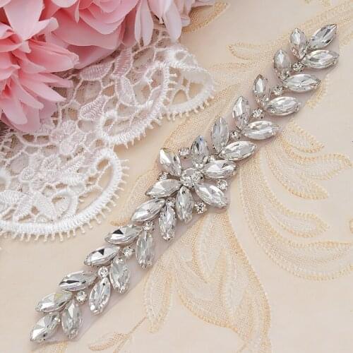 YANSTAR 30PCS Wholesale Bridal Gown Sash Rhinestones Appliques Iron On For Wedding Dresses Belt Clear Silver Crystal YS843