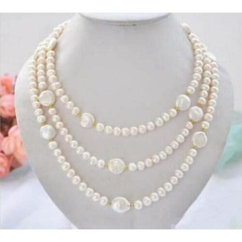 Jewelry Pearl Necklace Long beautiful 7-8 south sea white pearl coin necklace 50 inch Free Shipping