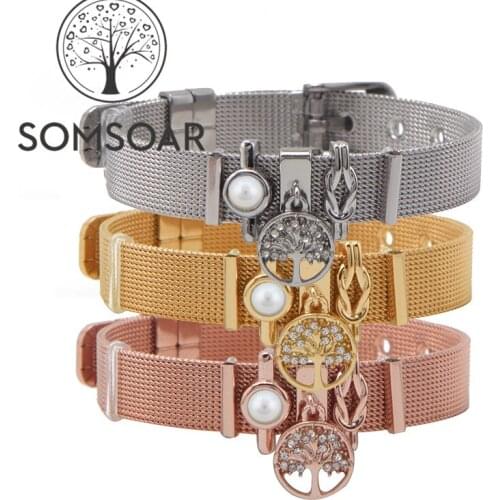 Somsoar Jewelry Tree of life ing Mesh Bracelet set with 3pcs DIY Slide Charms and Stainless steel mesh bracelet
