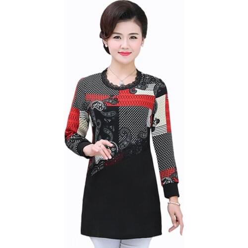 New T Shirt Winter Autumn Women T-Shirts O-Neck Long Sleeve Top Lace-trimmed patchwork print Bottoming Tee Shirt Plus Size