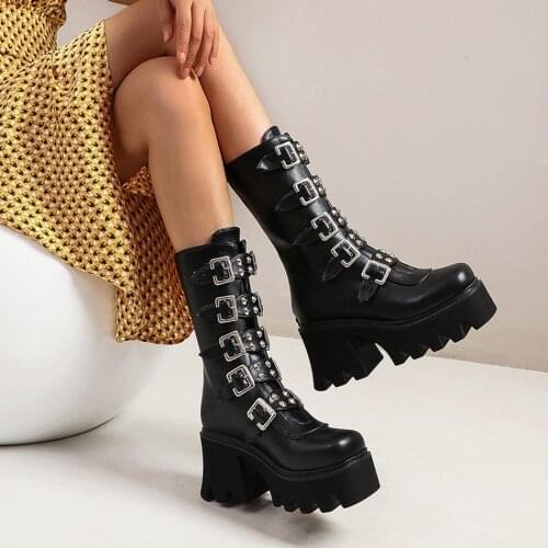 Womens Mid Calf Boots Rivet Studs Belt Buckle Punk Gothic Super Chunky High Heel Platform Shoes Motorcycle Plus Size 34-44