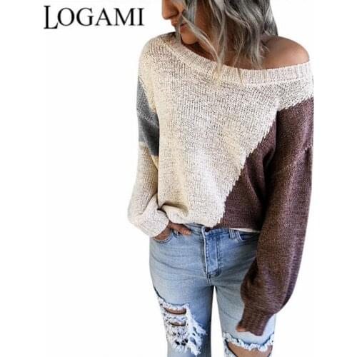 LOGAMI One Shoulder Irregular Pullover for Women Long Sleeve Autumn Sweater Woman Jumper