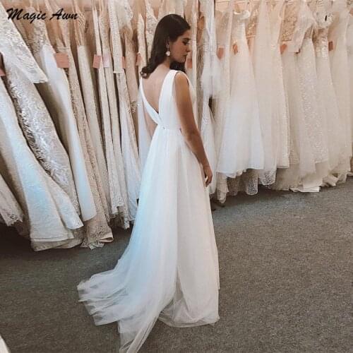 Magic Awn Simple Ivory Wedding Dresses Boho With Straps V-Neck A-Line Soft Tulle Beach Mariage Gowns Cheap Vestidos De Novia