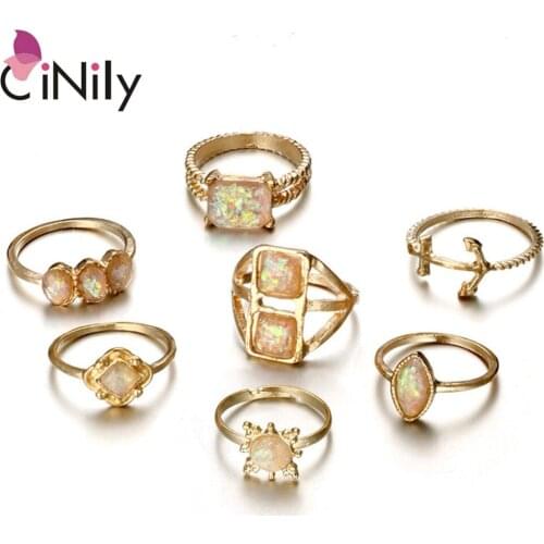 CiNily Created White Opal Bohemian Geometric Pattern Vintage Rings 7pcs / set Yellow Gold Color for Women Jewelry Ring SJ004