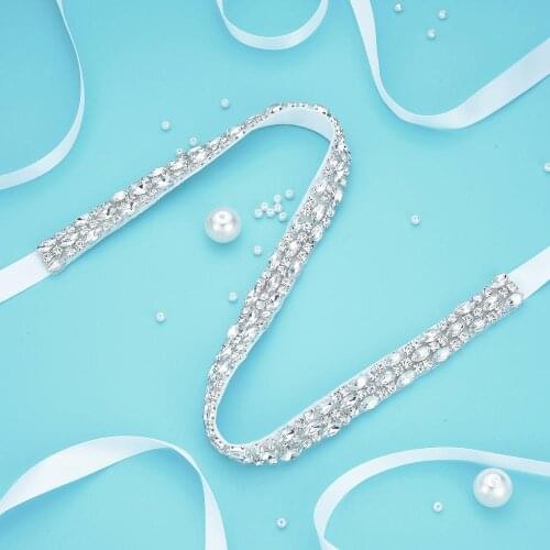 1PC) Satin ribbon silver crystal rhinestone applique belt for wedding dress accessories WDD1059
