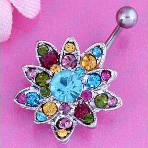 1pc Fashion Stainless Rhinestone Crystal Belly Navel Button Bar Ring Piercing Flower Design Brand New nickel-free