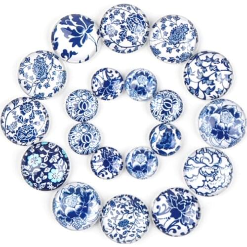 10/12/18/20/25mm Mixed Blue and white Porcelain Flower Round Glass Cabochons Flatback Photo Cabochon Cameo Dome Handmade Jewelry