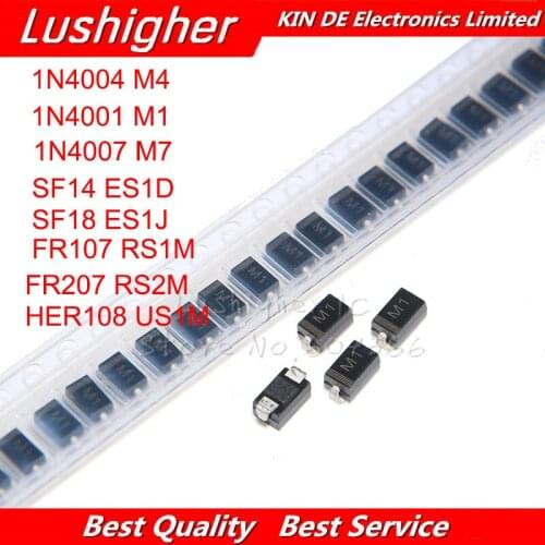 100PCS 1N4001 M1 1N4004 M4 1N4007 M7 FR107 RS1M FR207 RS2M HER108 US1M SF18 ES1J SF14 ES1D DO-214AC SMA Rectifier Diode