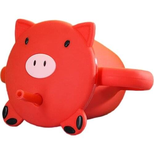 240ml Cartoon Pig Baby Silicone Water Cup with Double Handle Lid Straw Drinkware U7EE