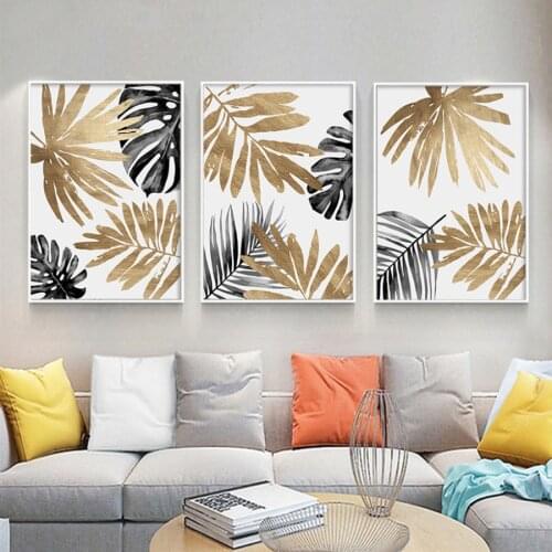 Black Gold Leaf Abstract Canvas Painting Scandinavia Poster Wall Art Prints Nordic Pictures for Entrance Living Room Home Decor