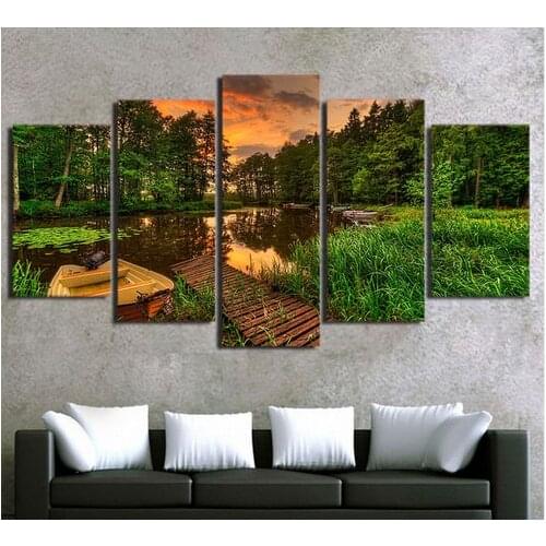 Abstract Art Wall Picture 5 Pieces Boat Dock Forest Sunset Tree Pond Landscape For Living Room Home Decoration Canvas Prints