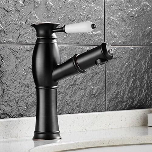 Free Shipping Contemporary deck mouted pull out bathroom basin faucet with hot cold black basin sink water faucets