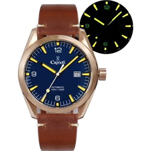 CRONOS Bronze Mens Mechnical Watches 10ATM CuSn8 Automatic PT5000 SW200 Sapphire Crystal Leather Rubber Straps