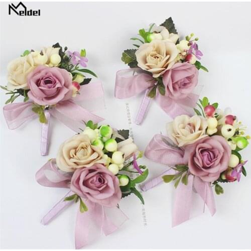 Meldel Bride Wrist Corsage Groom Boutonniere Artificial Silk Rose Flower Plastic Berry Girl Bracelet Men Corsages Wedding Decor