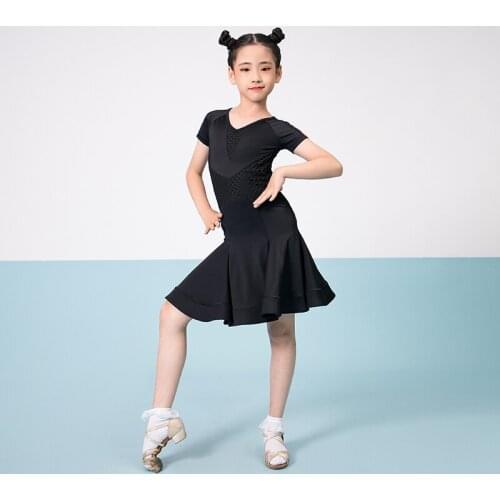 Kids Latin Dance Dresses Summer Short Sleeve Practice Clothes Ballroom Dance Competition Performance Costumes Rumba Outfit VO895